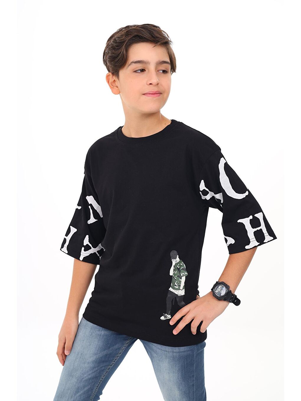 Siyah Erkek Çocuk Kol Yazı Baskılı T-Shirt 9-14 Yaş Lx7067