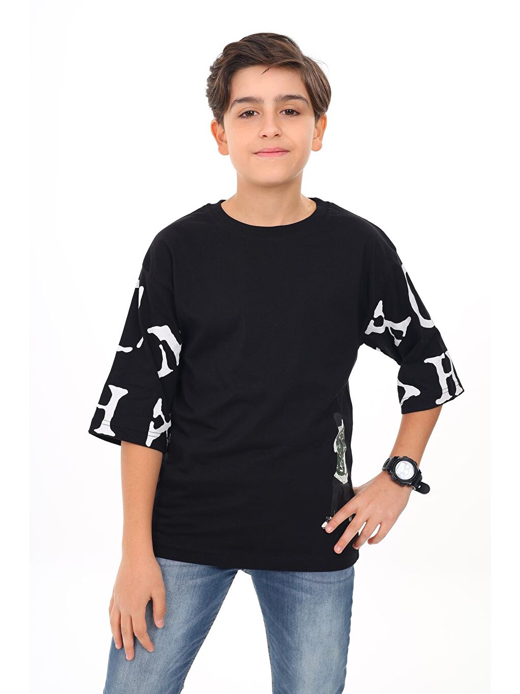 Siyah Erkek Çocuk Kol Yazı Baskılı T-Shirt 9-14 Yaş Lx7067-1