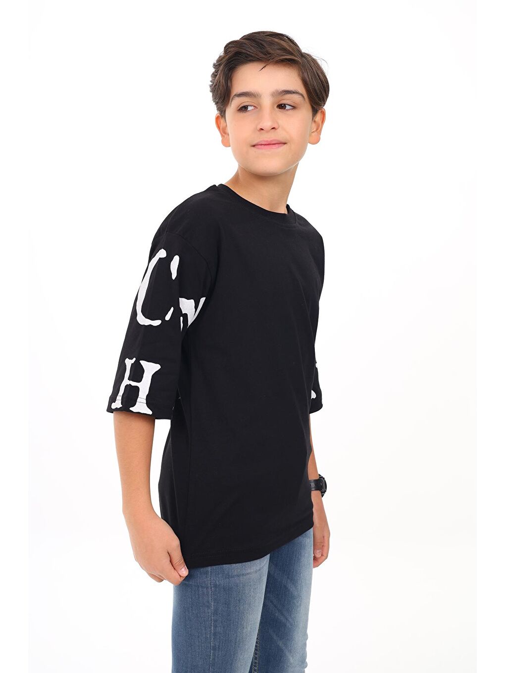 Siyah Erkek Çocuk Kol Yazı Baskılı T-Shirt 9-14 Yaş Lx7067-2