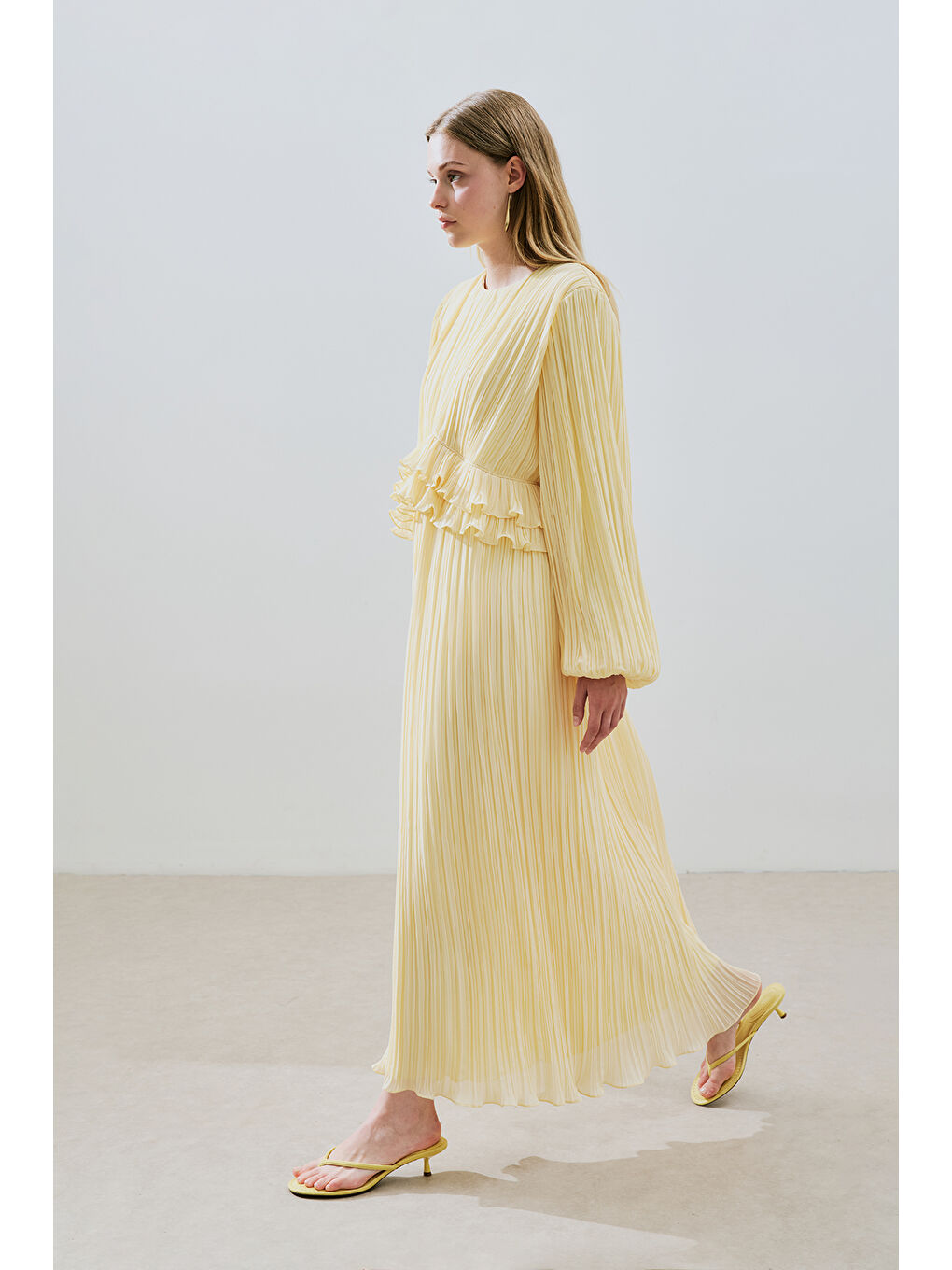 Karışık Mila Piliseli Katlı Elbise Soft Sarı-1