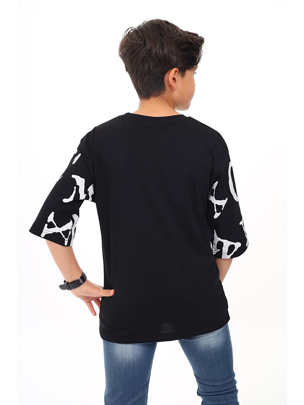 Siyah Erkek Çocuk Kol Yazı Baskılı T-Shirt 9-14 Yaş Lx7067-3