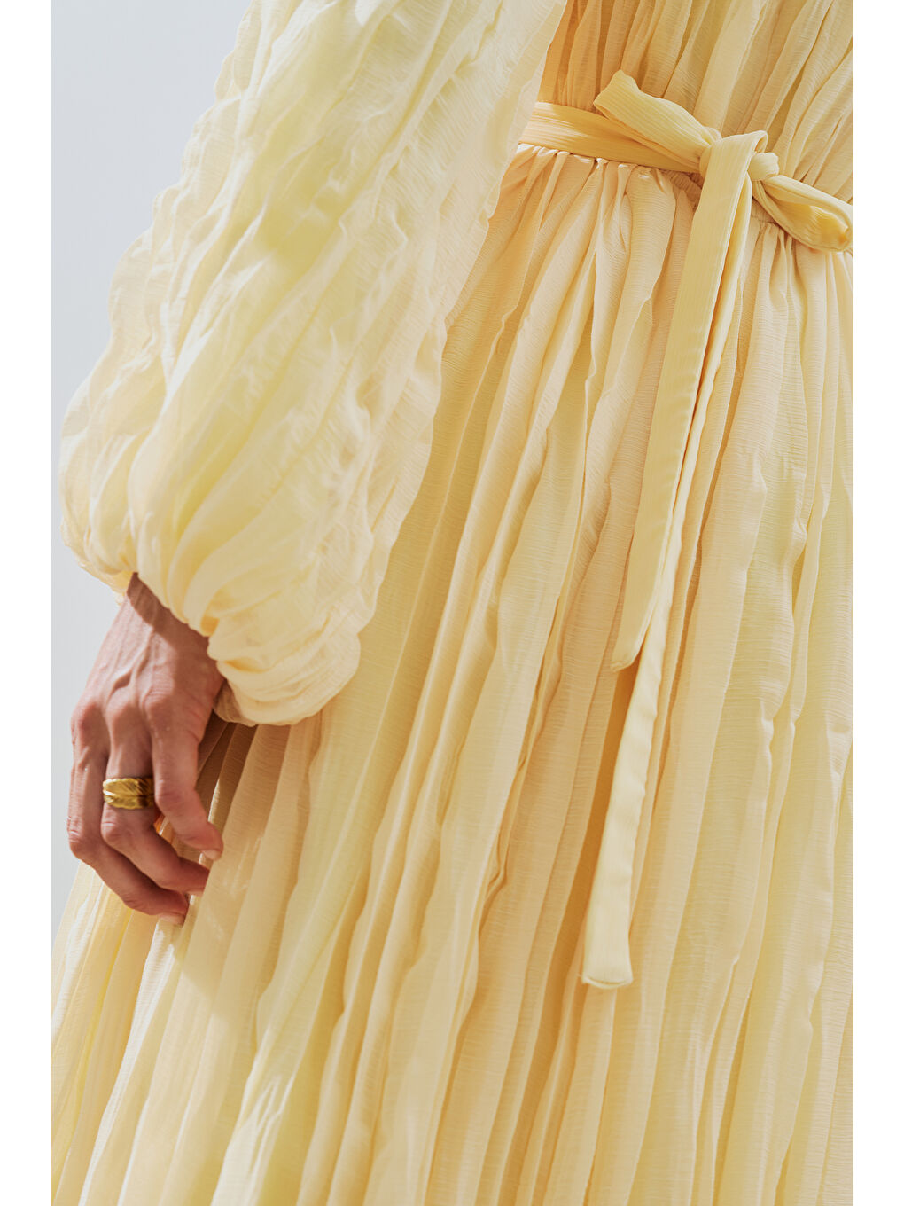 Karışık Piliseli Şifon Elbise Soft Sarı-3