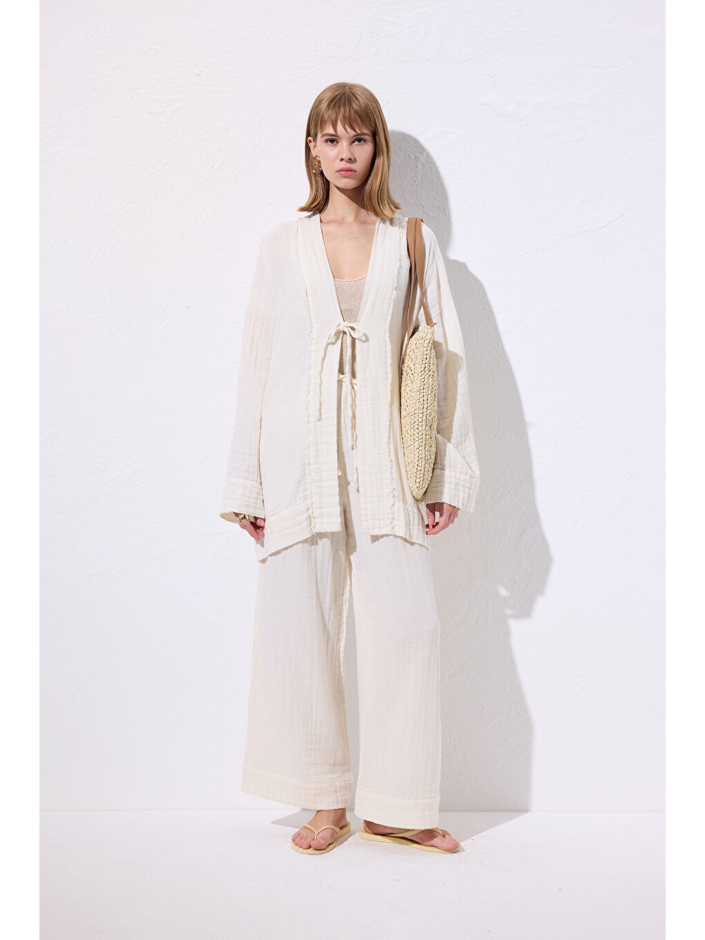 Müslin Geniş Kollu Kimono Bej-1