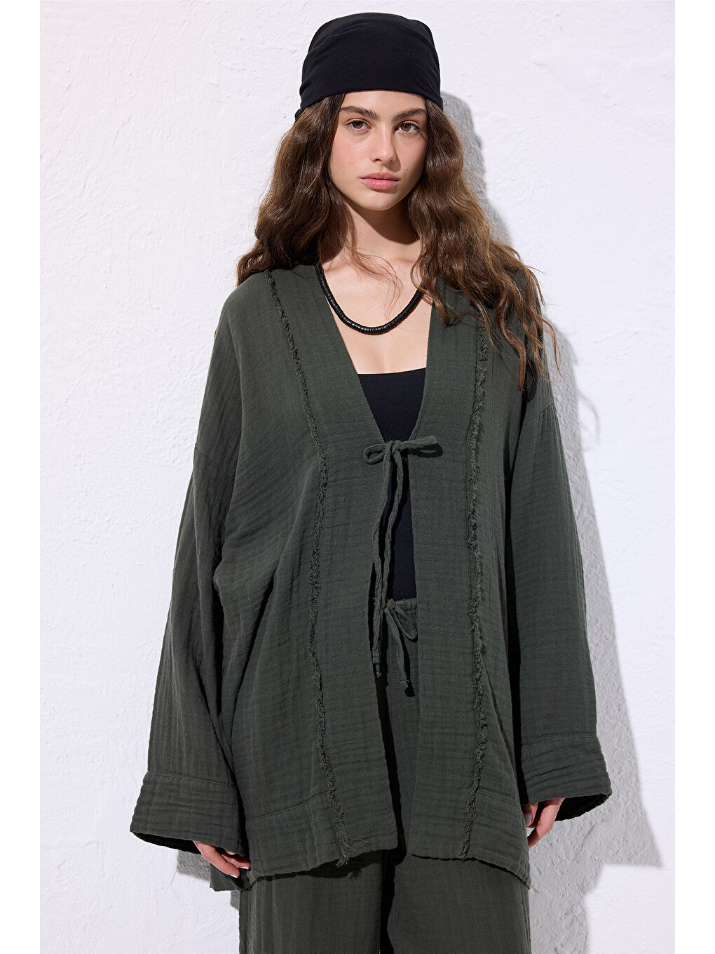Müslin Geniş Kollu Kimono Koyu Yeşil-2
