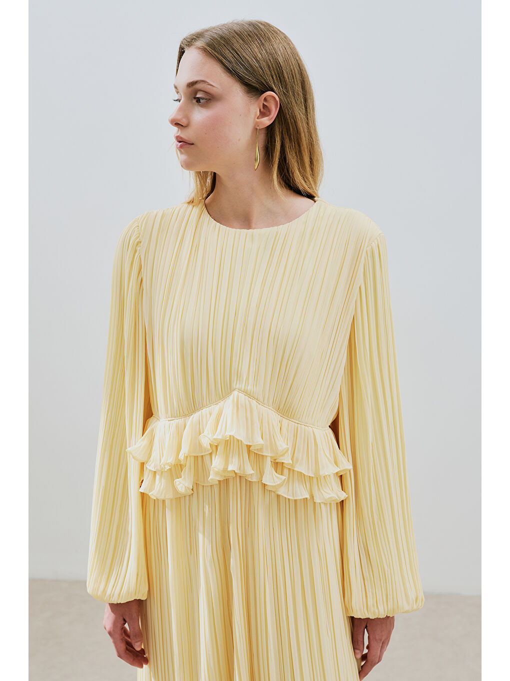 Karışık Mila Piliseli Katlı Elbise Soft Sarı-3