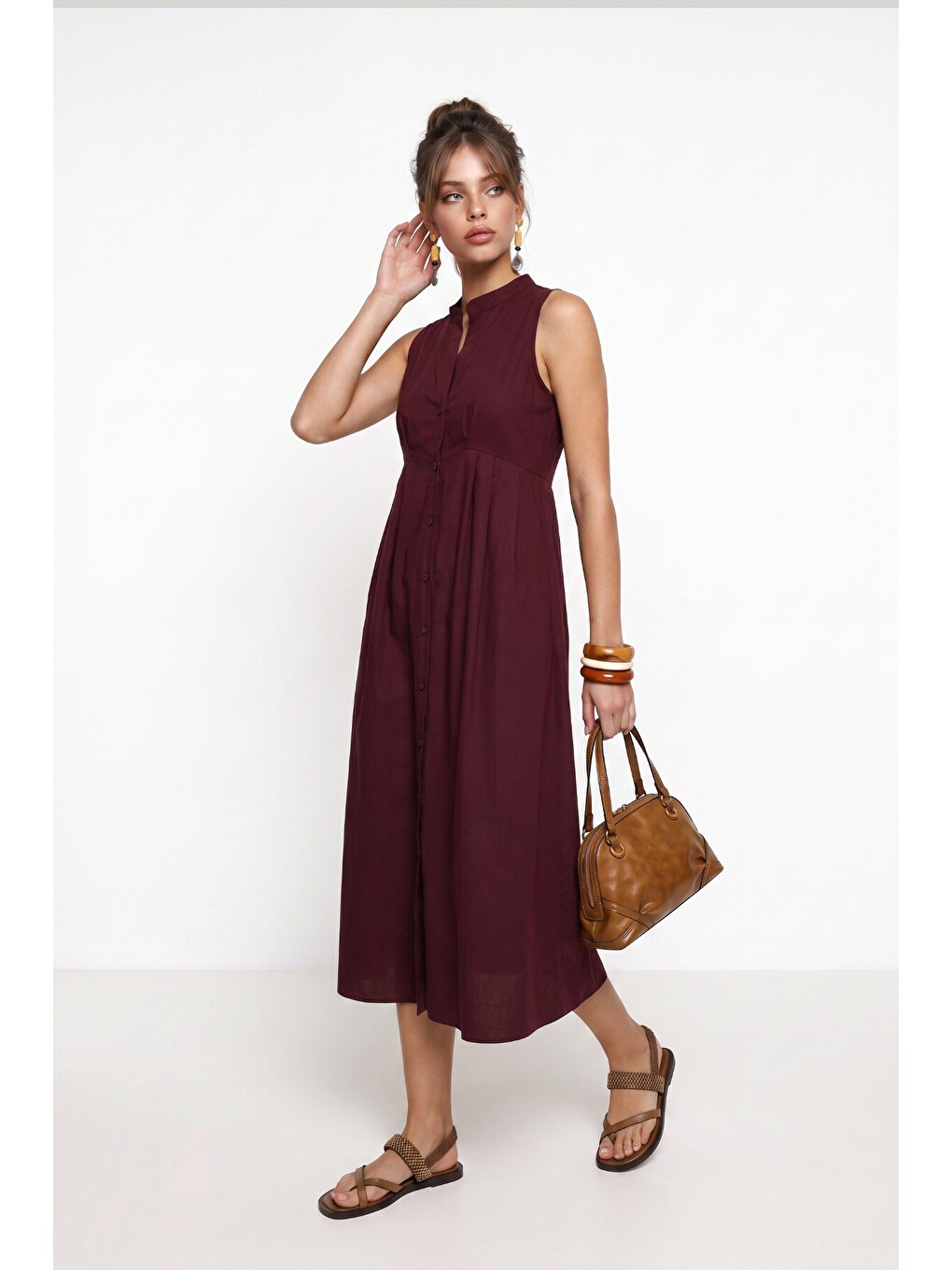 Kolsuz Midi Poplin Gömlek Elbise Bordo Lmx0093-1