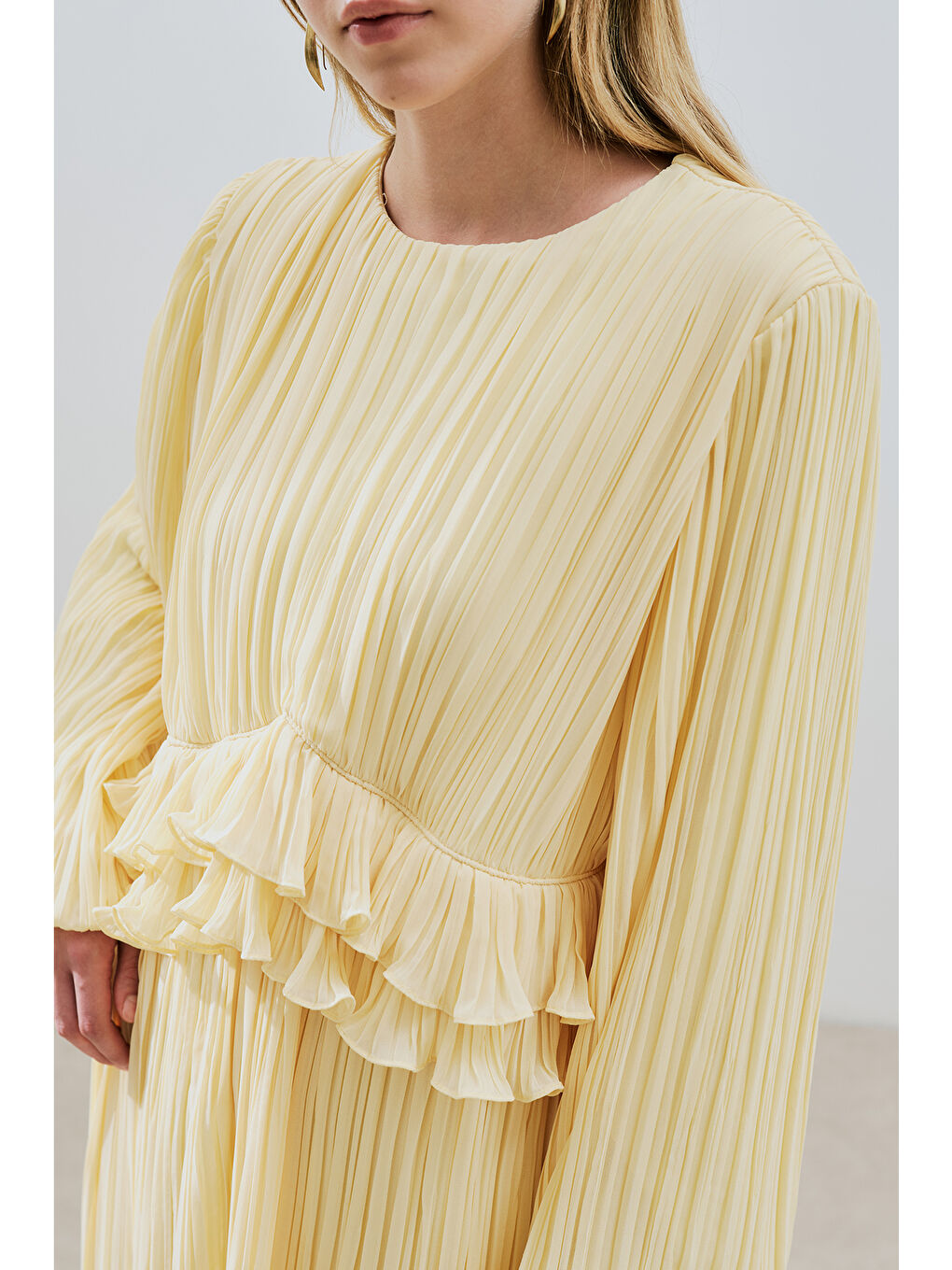 Karışık Mila Piliseli Katlı Elbise Soft Sarı-4