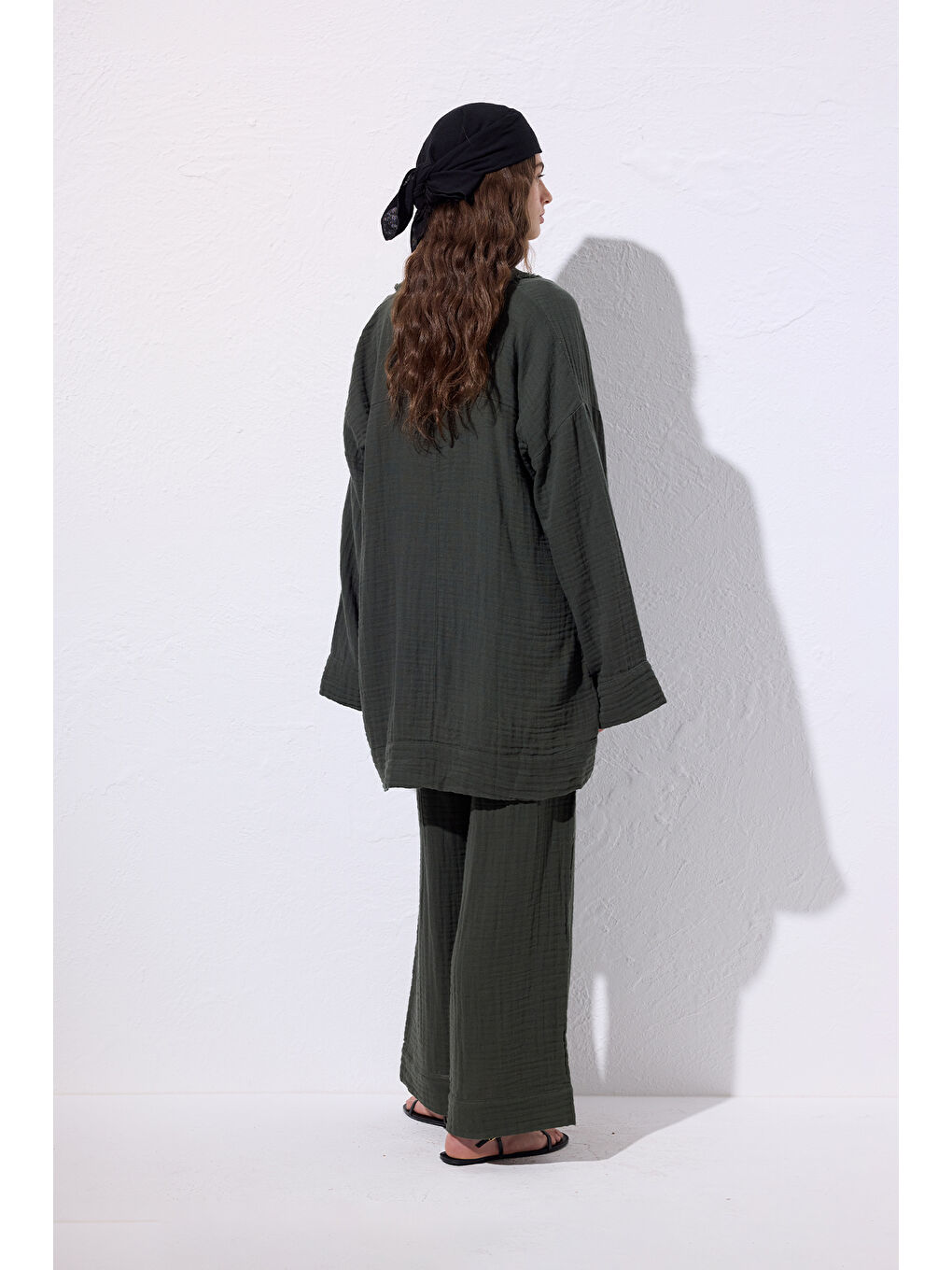 Müslin Geniş Kollu Kimono Koyu Yeşil-3