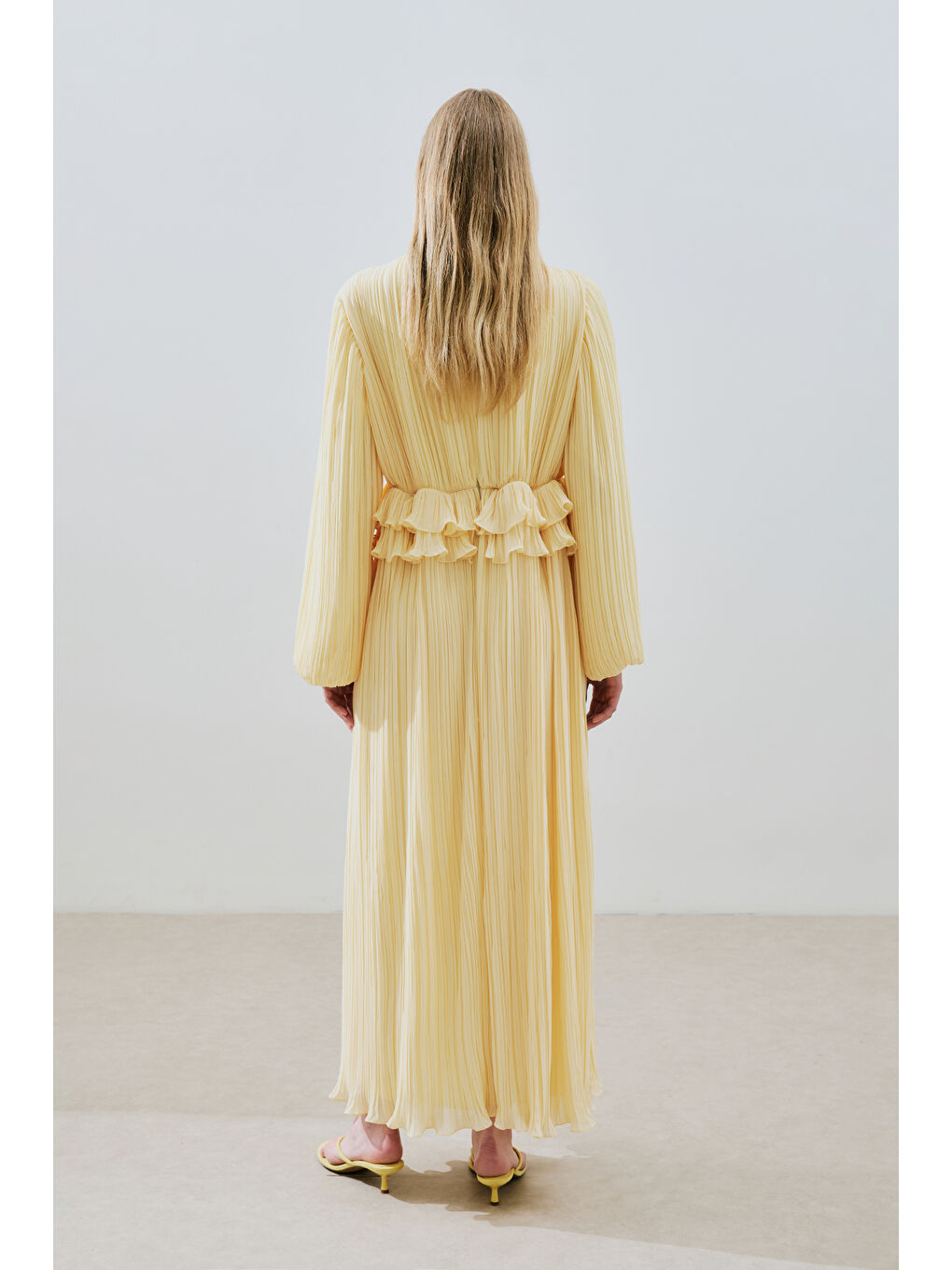 Karışık Mila Piliseli Katlı Elbise Soft Sarı-5
