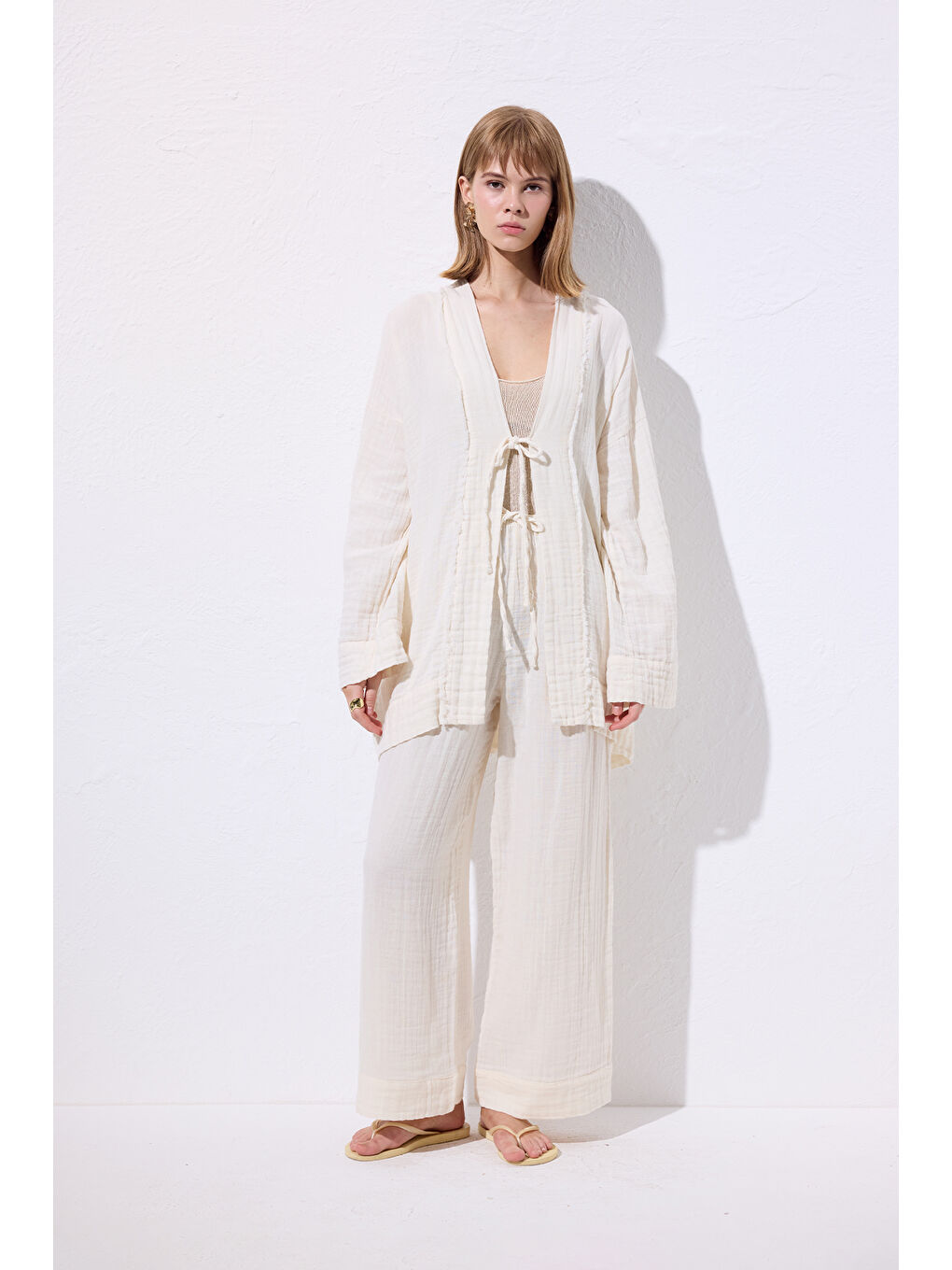 Müslin Geniş Kollu Kimono Bej-2