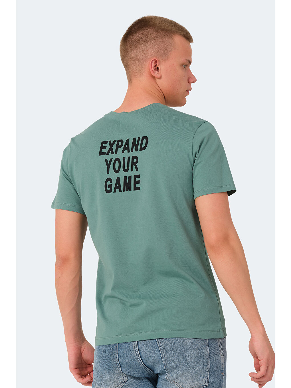 Turkuaz Bisiklet Yaka Kısa Kollu Arkası Yazı Baskılı Erkek Tişört-1