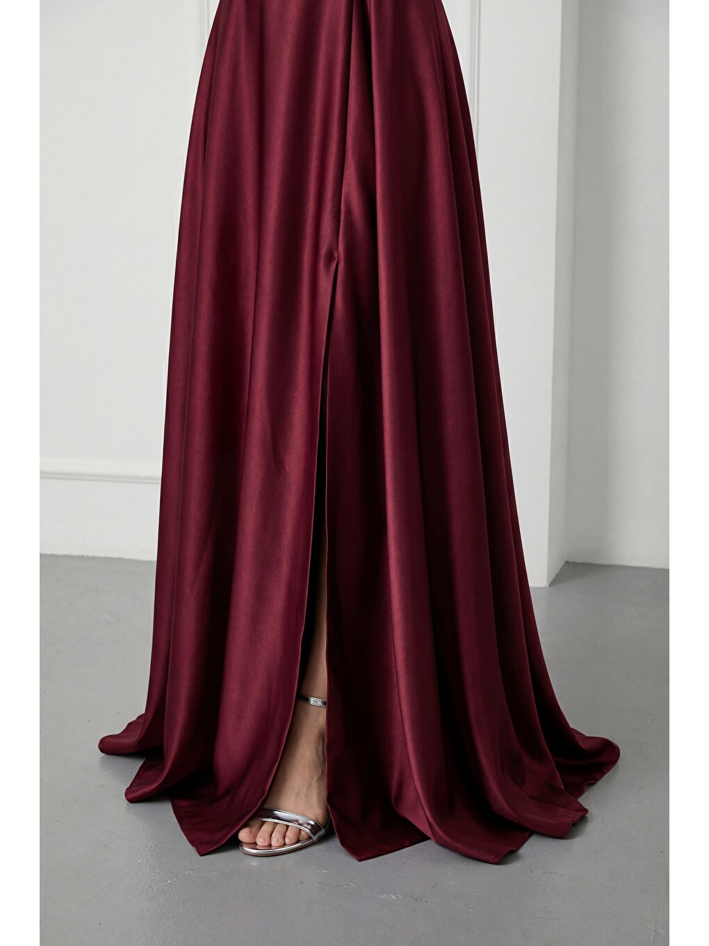 Kadın Bordo Kare Yaka Balon Kol Yırtmaçlı Söz Nişan Nikah Abiye Elbise-4