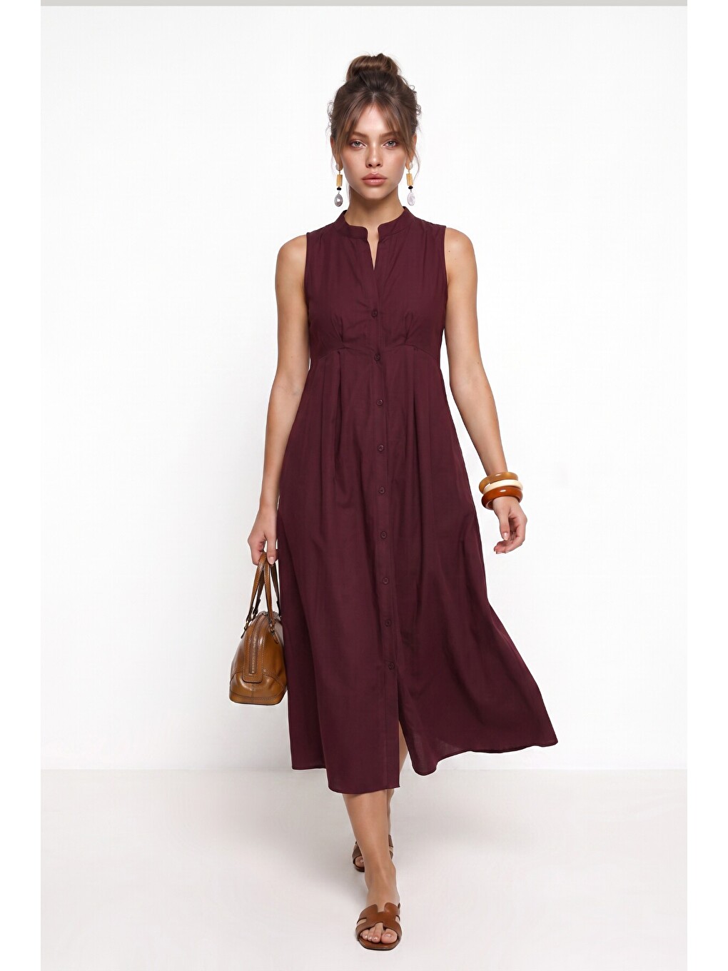 Kolsuz Midi Poplin Gömlek Elbise Bordo Lmx0093-2