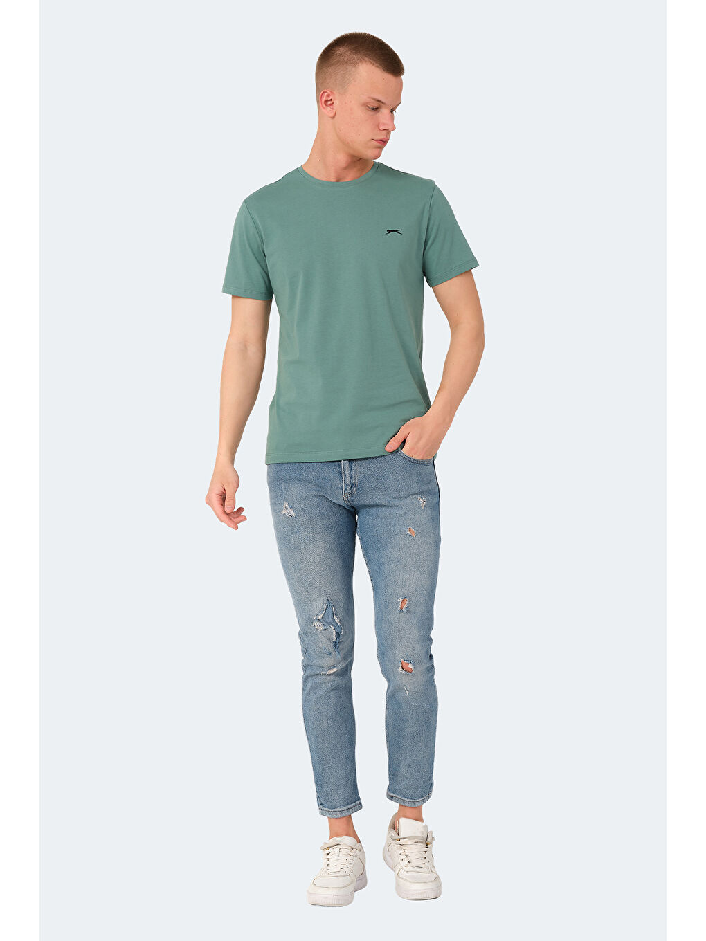 Turkuaz Bisiklet Yaka Kısa Kollu Arkası Yazı Baskılı Erkek Tişört-6