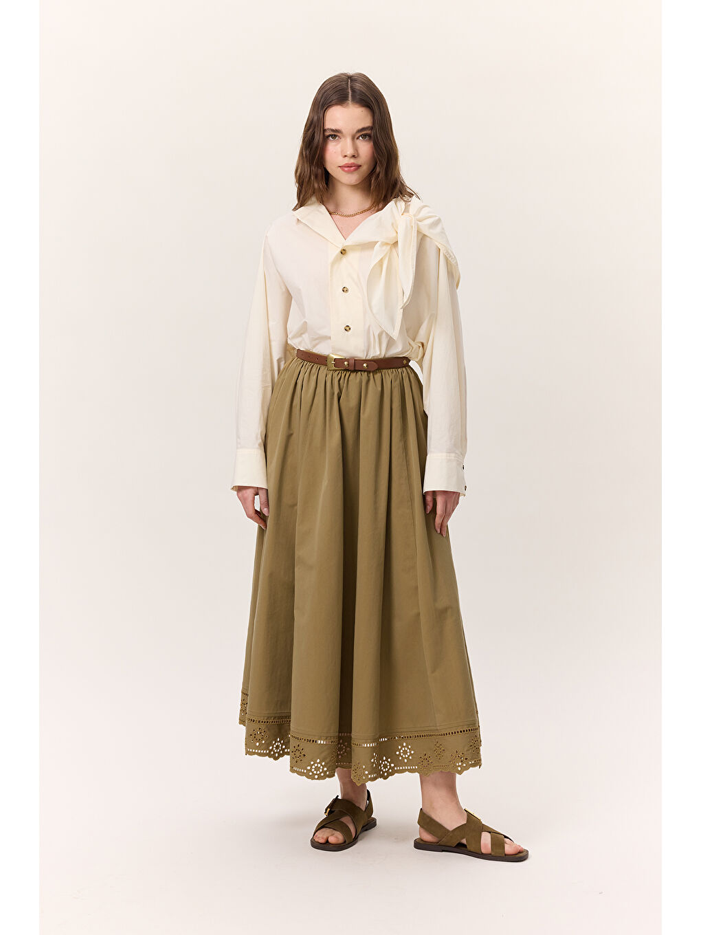 Ekru Bağlamalı Detaylı Tasarım Gömlek Tereyağı-3