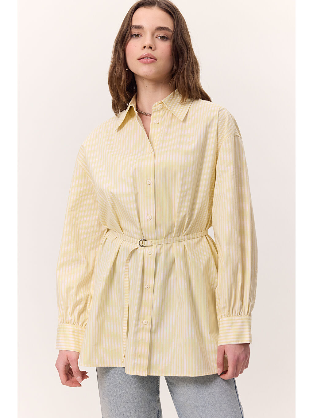 Çizgili Kemerli Gömlek Sarı-2