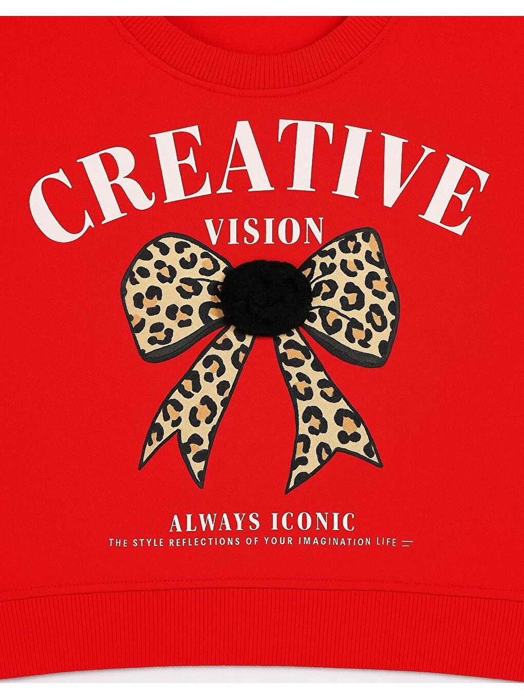Kırmızı Kız Çocuk Şardonlu Leopar Çiçek Aksesuarlı Sweatshirt-1