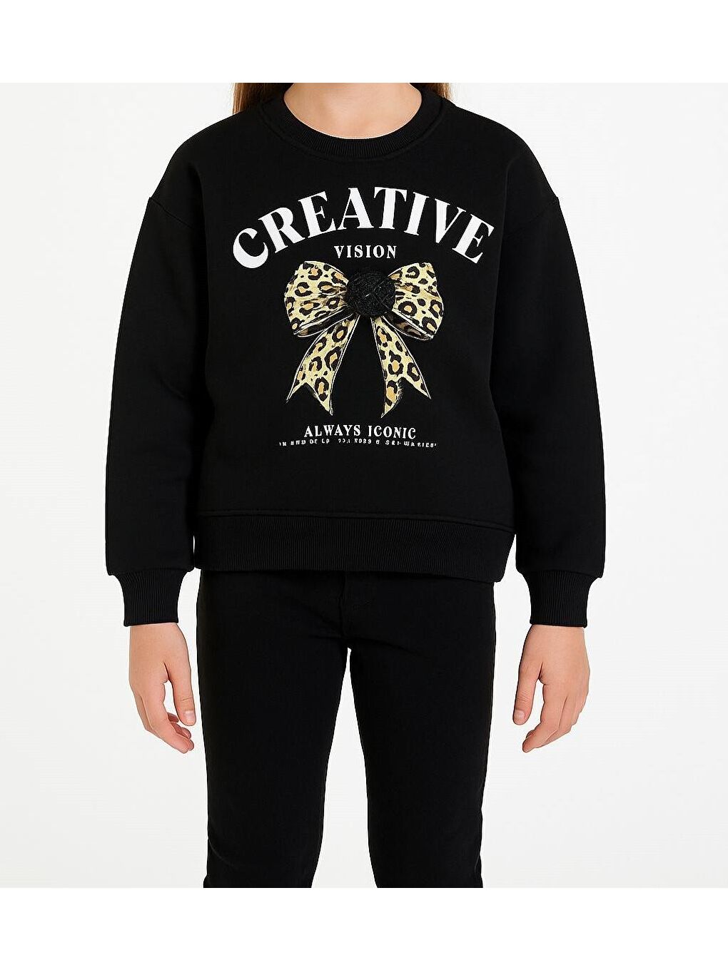 Siyah Kız Çocuk Şardonlu Leopar Çiçek Aksesuarlı Sweatshirt