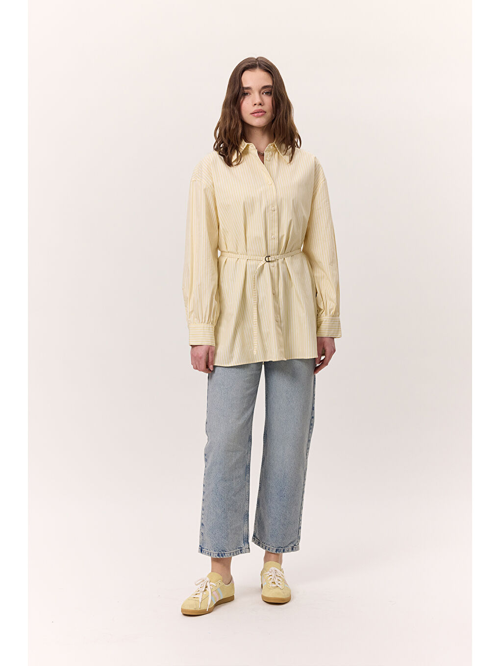 Çizgili Kemerli Gömlek Sarı-4