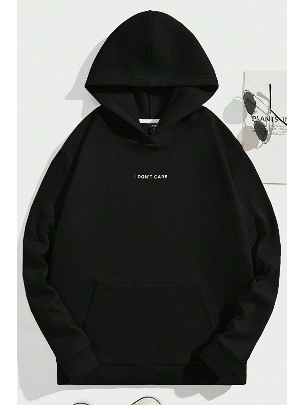 Kadın 3 İplik Siyah Oversize I Dont Care Baskılı Kapüşonlu Sweatshirt Hoodie