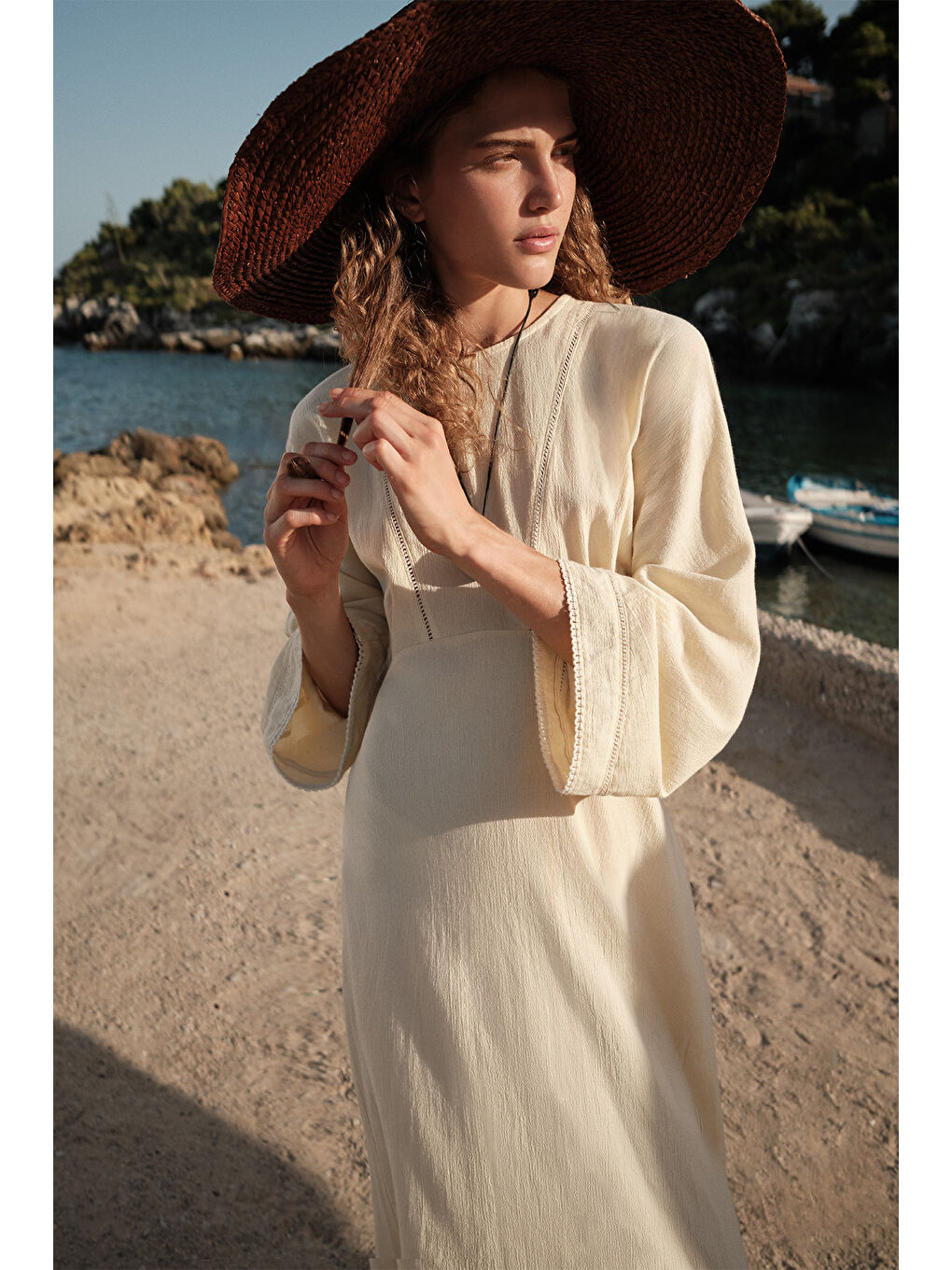 Karışık DOKULU ŞERİT DETAYLI ELBİSE NATURAL-1