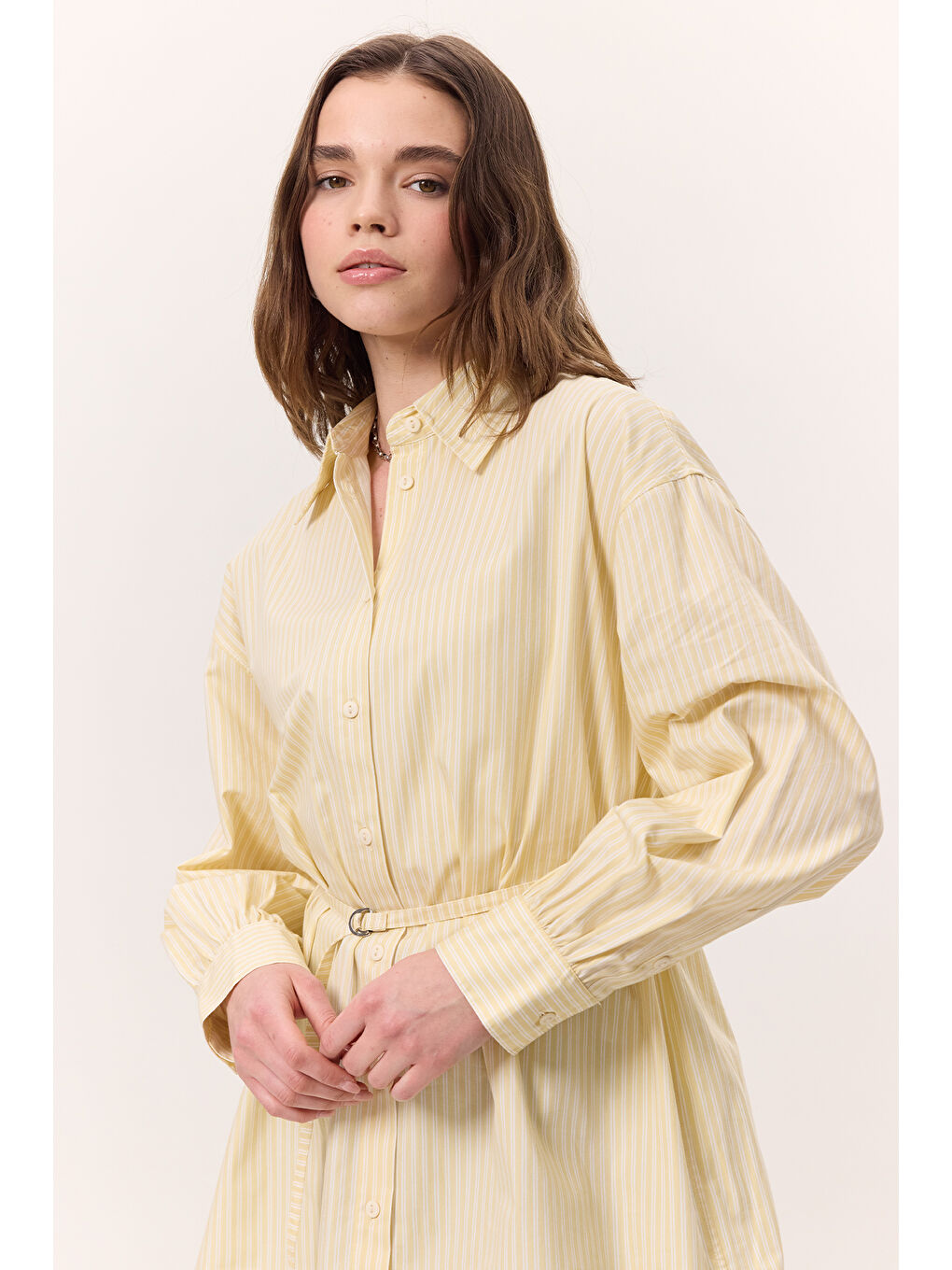 Çizgili Kemerli Gömlek Sarı-6