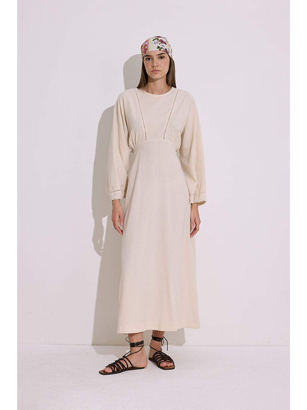 Karışık DOKULU ŞERİT DETAYLI ELBİSE NATURAL-2