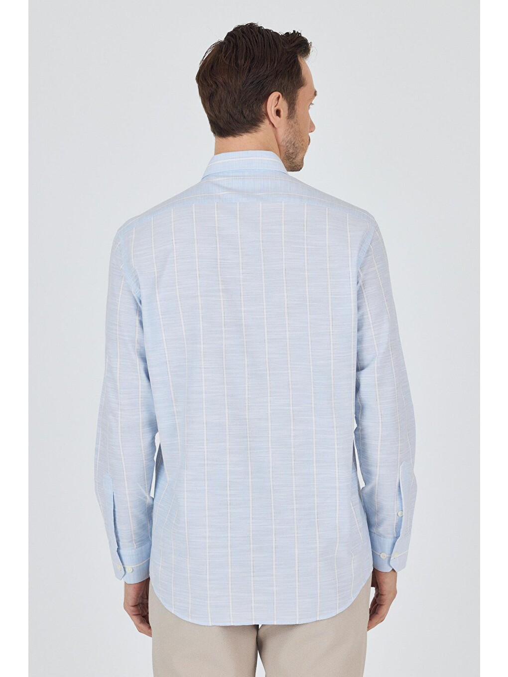 Mavi Uzun Kol Çizgili Desen Düğmeli Yaka Cepli Classic Comfort Fit %100 Pamuk Gömlek 1004250189-1