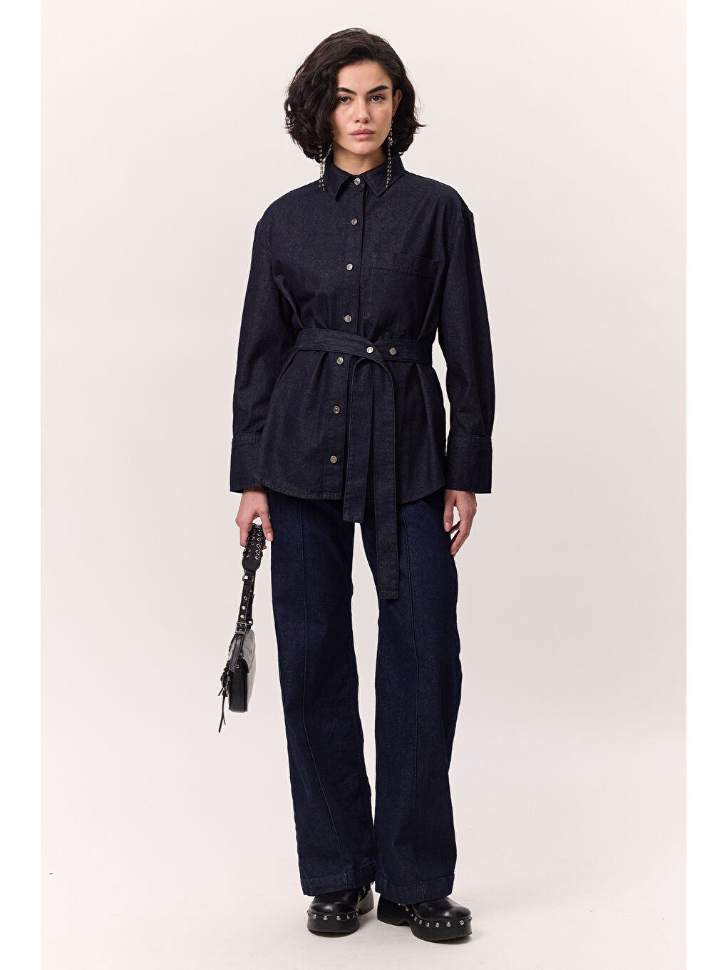 Kemer Detaylı Denım Gömlek Derin Mavi-1