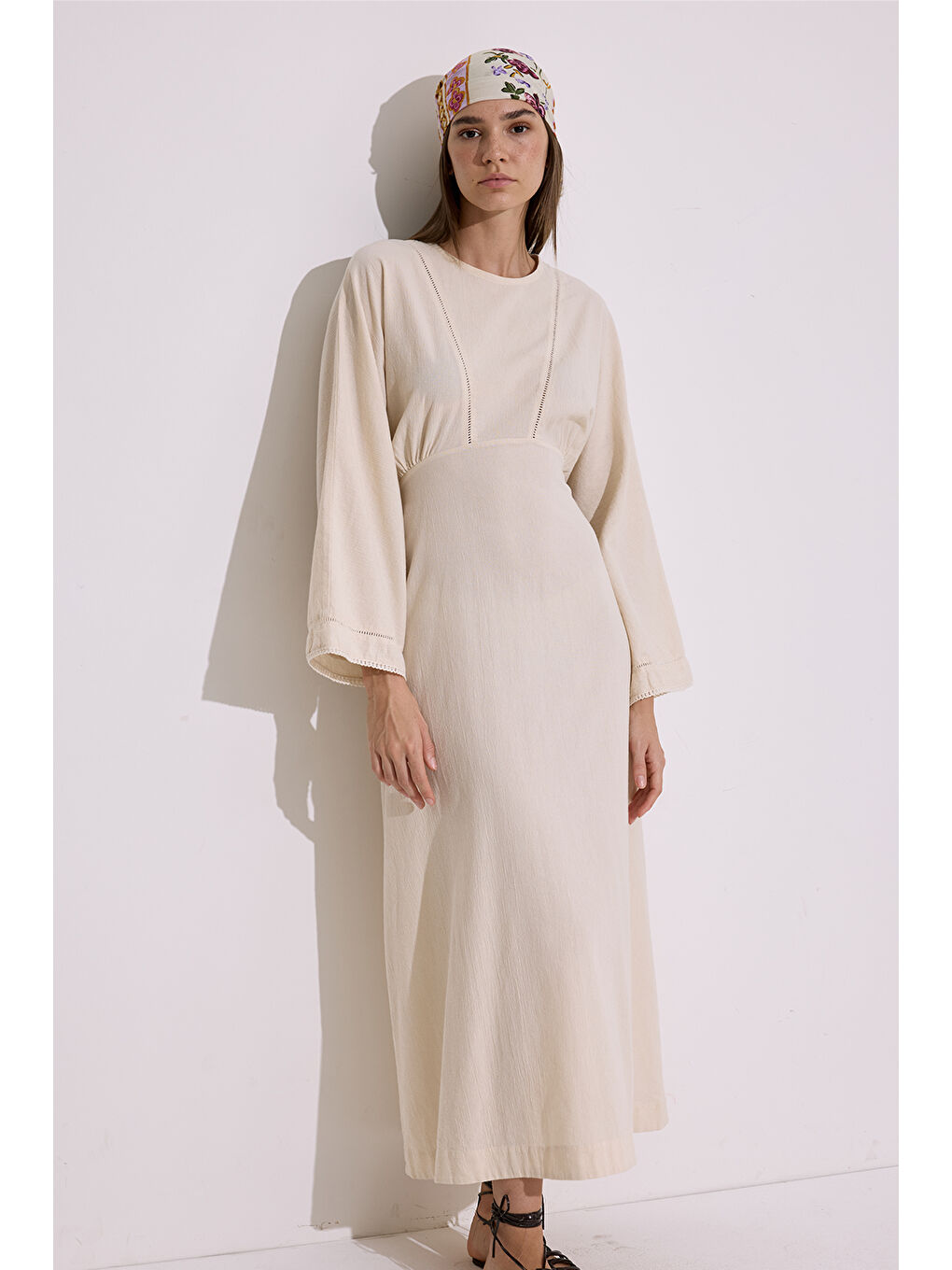 Karışık DOKULU ŞERİT DETAYLI ELBİSE NATURAL-3