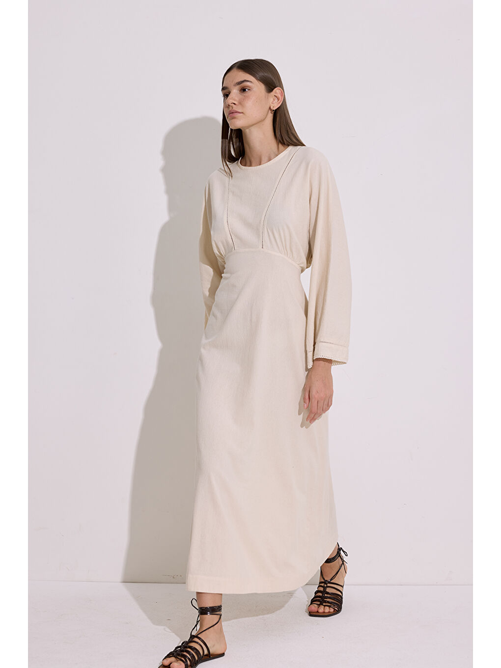 Karışık DOKULU ŞERİT DETAYLI ELBİSE NATURAL-4