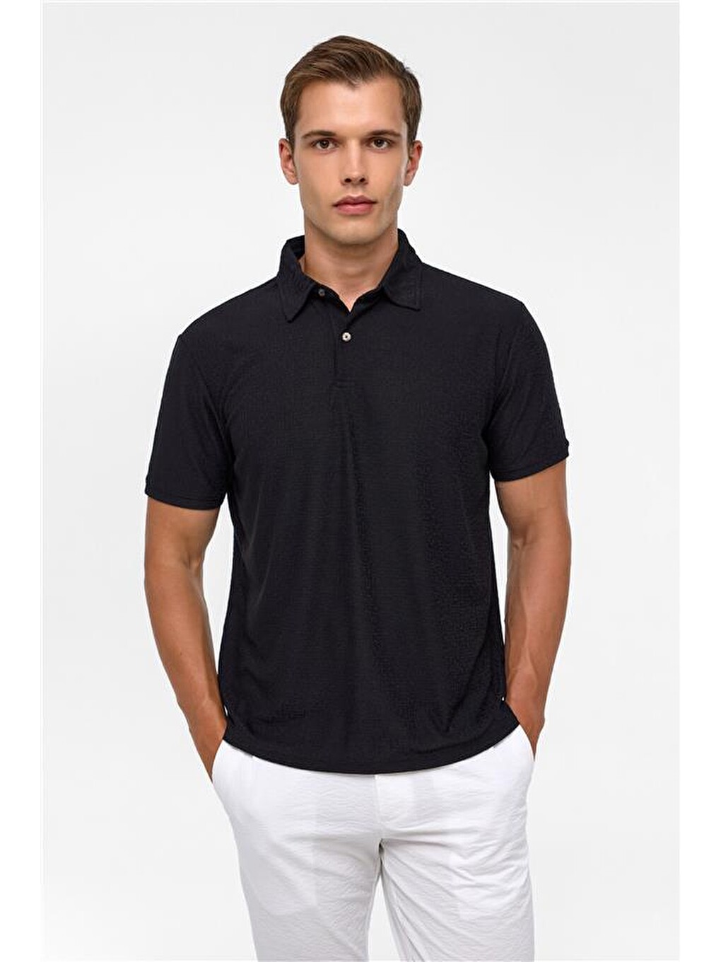 Siyah Regular Düz Polo Yaka Tişört-1