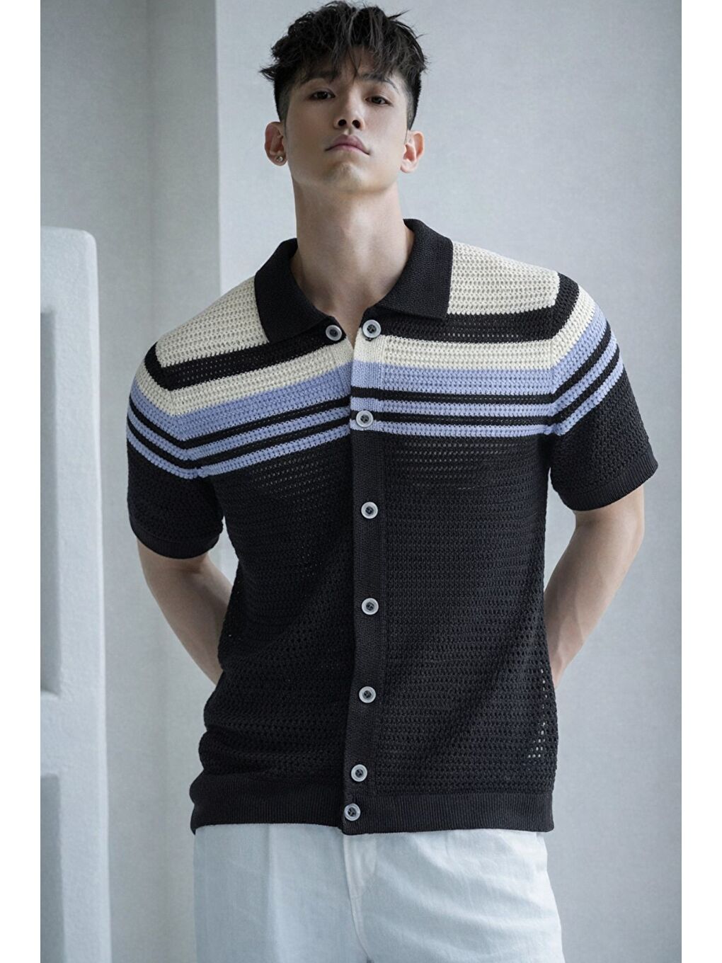 Siyah Çizgili Erkek Triko Gömlek Yaka Hırka Yazlık Rahat Kesim-1