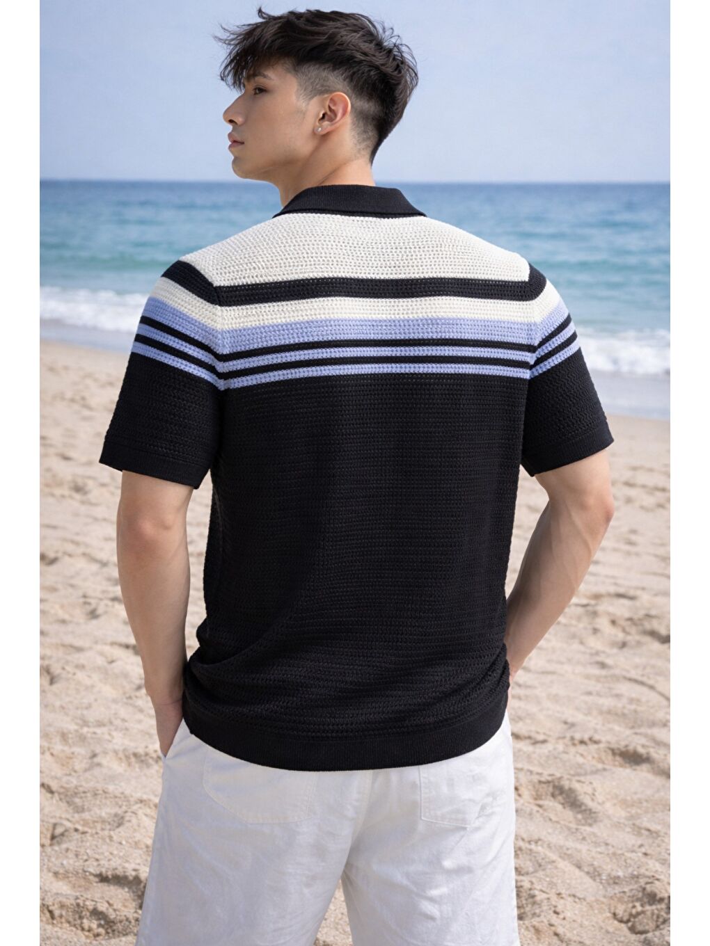 Siyah Çizgili Erkek Triko Gömlek Yaka Hırka Yazlık Rahat Kesim-2