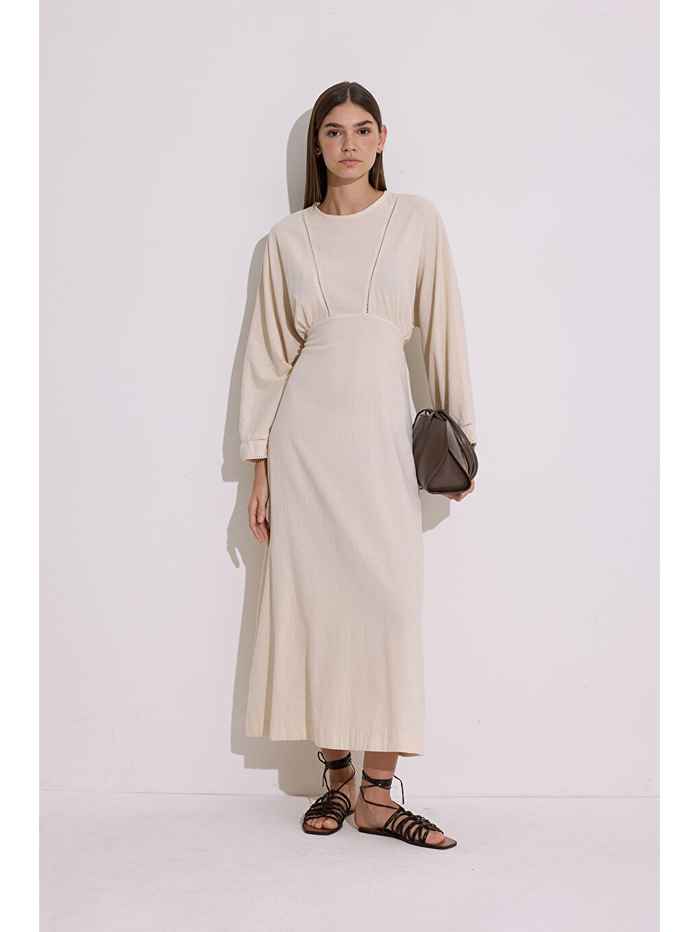 Karışık DOKULU ŞERİT DETAYLI ELBİSE NATURAL-5