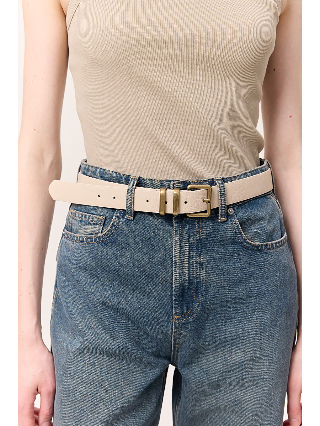 Kare Metal Tokalı Kemer Bej-1