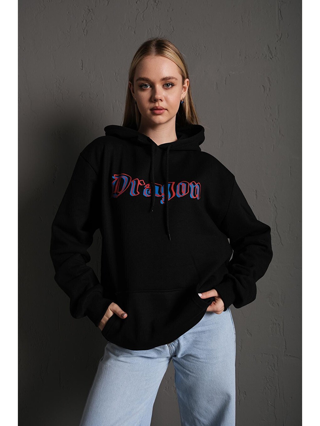 Kadın Siyah Önü Dragon Yazılı Sırt Dragon Baskılı Kapüşonlu Oversize Sweatshirt-1