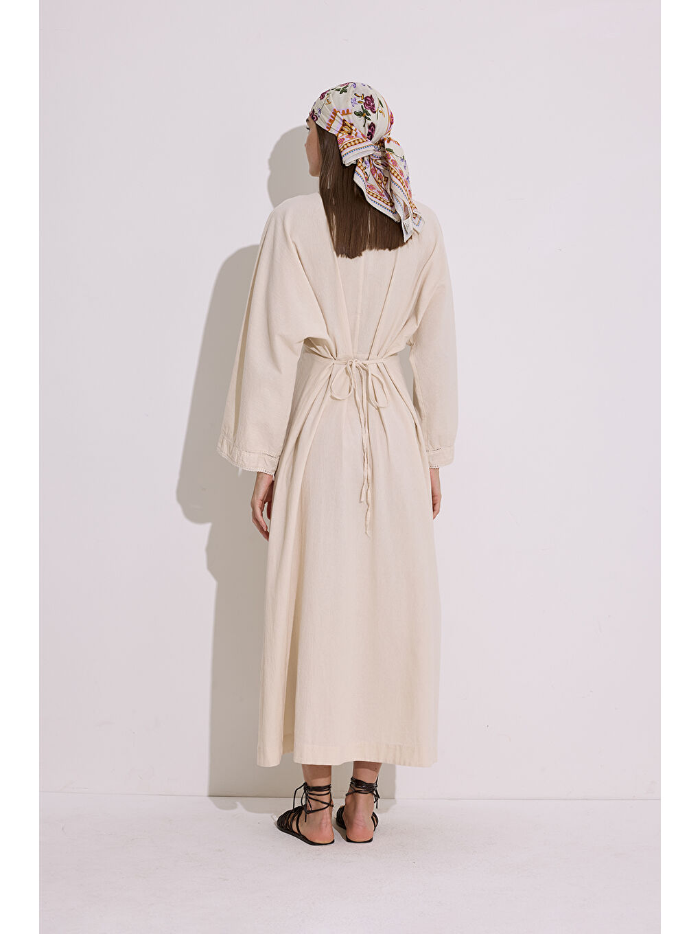 Karışık DOKULU ŞERİT DETAYLI ELBİSE NATURAL-6