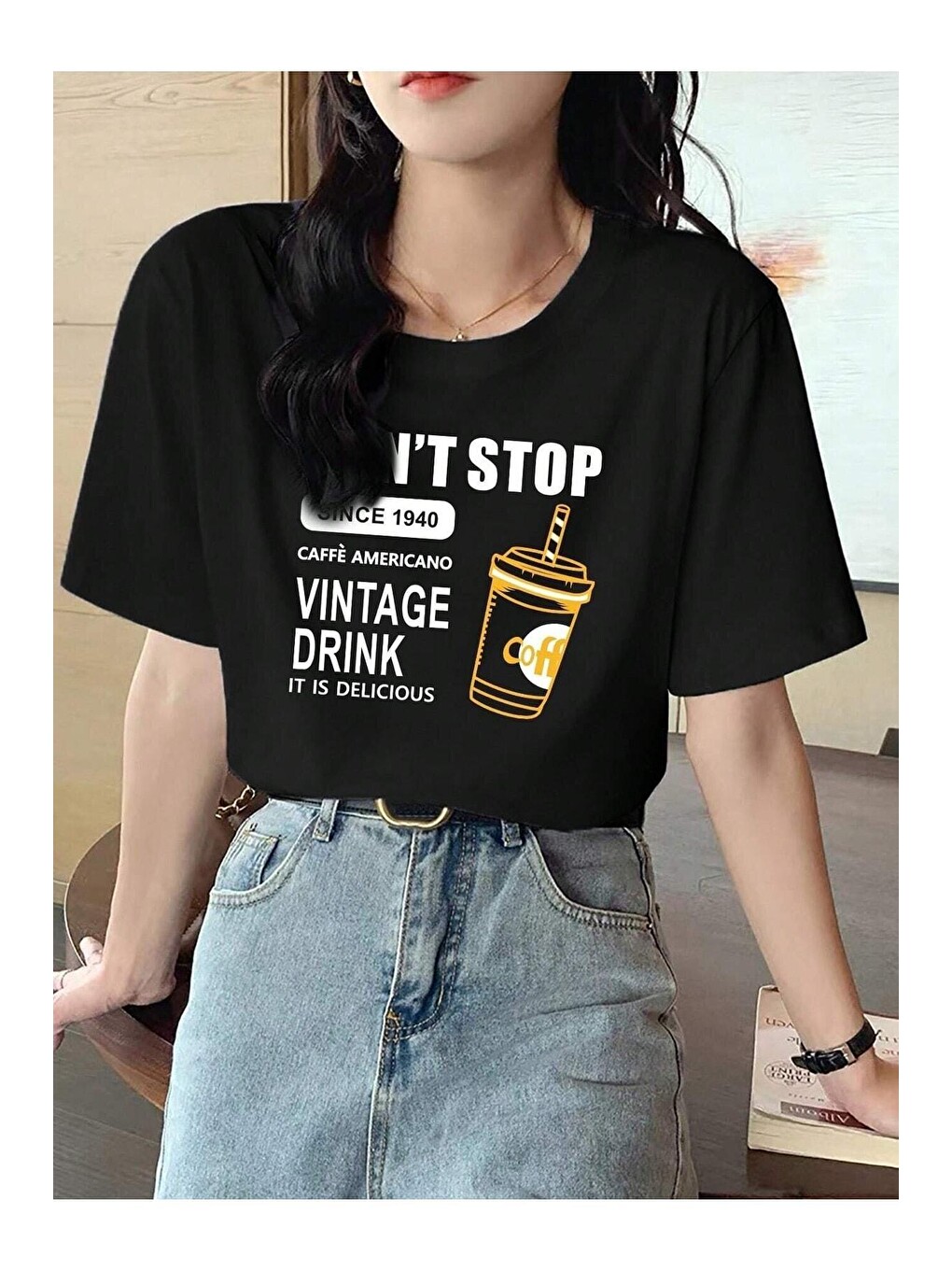 Kadın Siyah Vintage Drink Baskılı Oversize Tişört-2