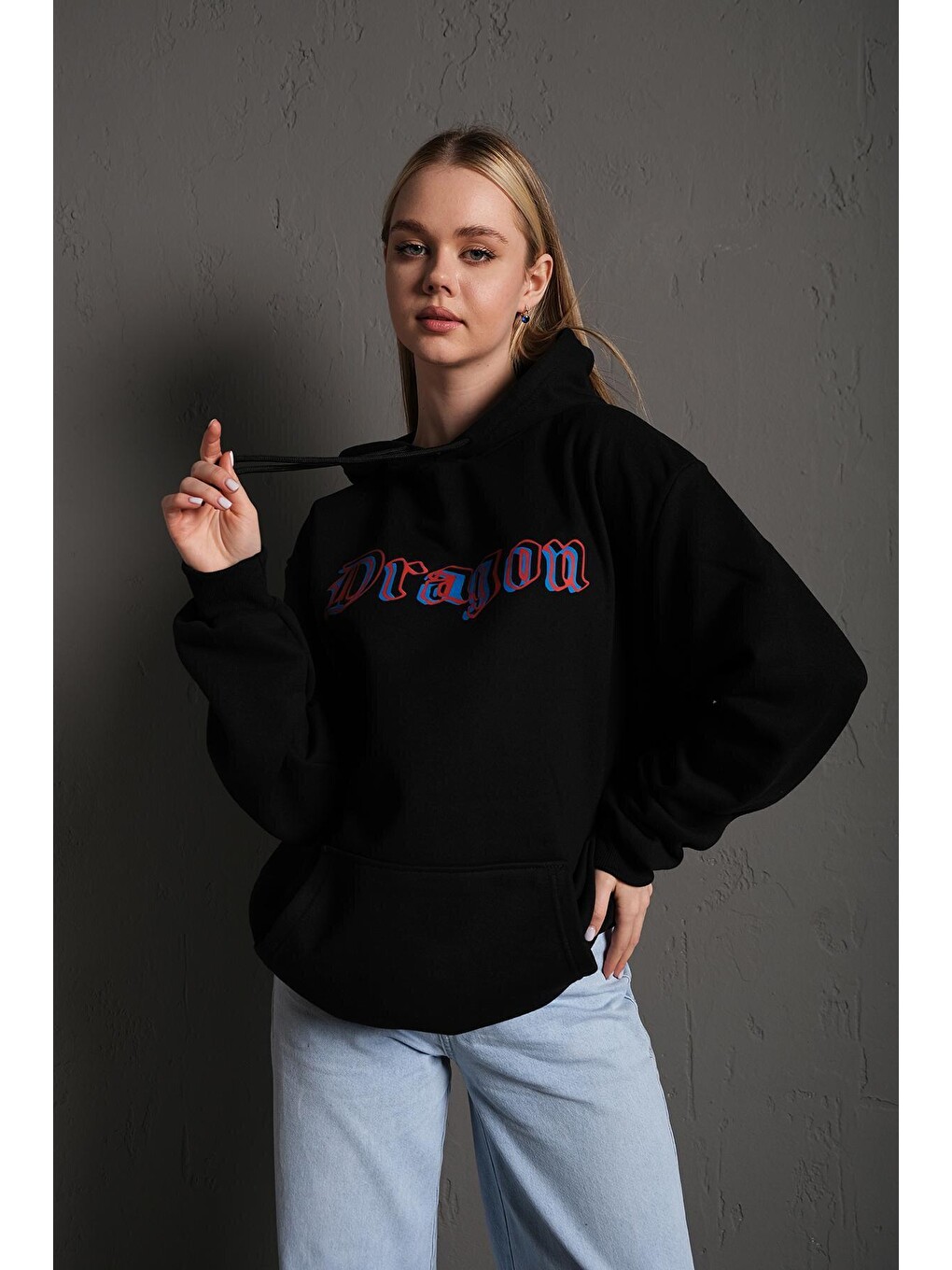 Kadın Siyah Önü Dragon Yazılı Sırt Dragon Baskılı Kapüşonlu Oversize Sweatshirt-2
