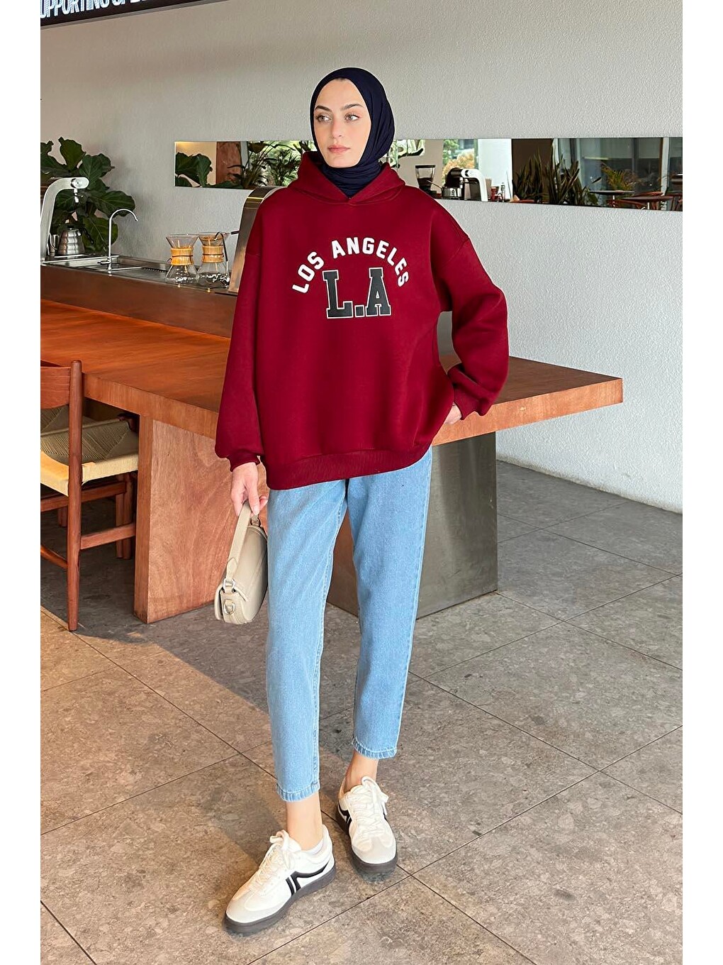 Los Angeles Baskılı Oversize Sweatshirt Bordo