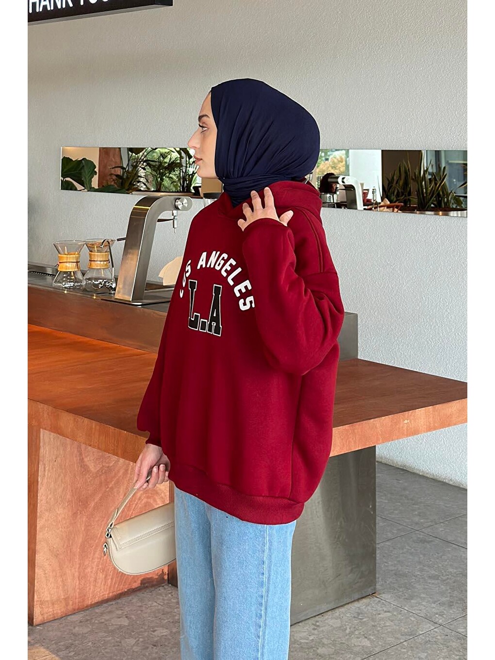 Los Angeles Baskılı Oversize Sweatshirt Bordo-1