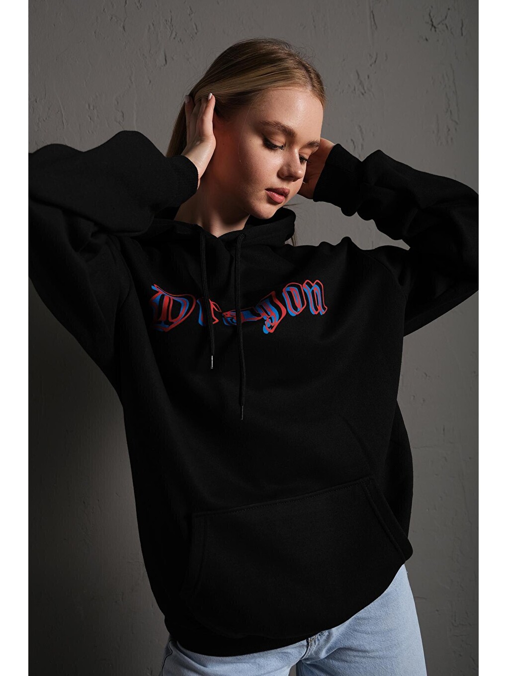 Kadın Siyah Önü Dragon Yazılı Sırt Dragon Baskılı Kapüşonlu Oversize Sweatshirt-3