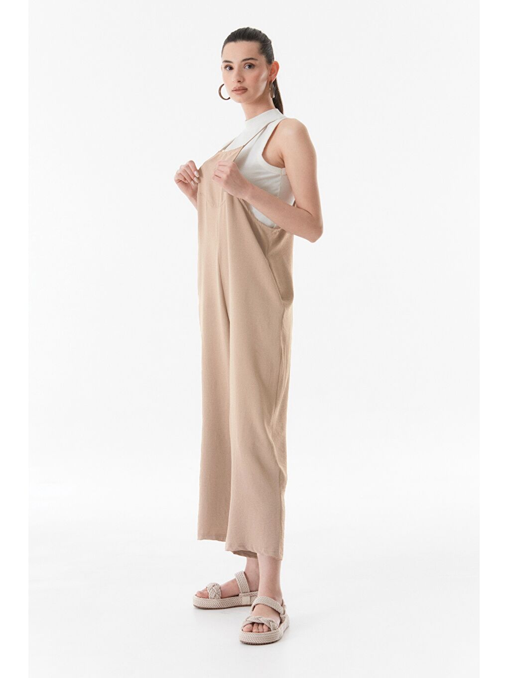 Bej İ̇p Askılı Ayrobin Kumaş Salaş Tulum-1