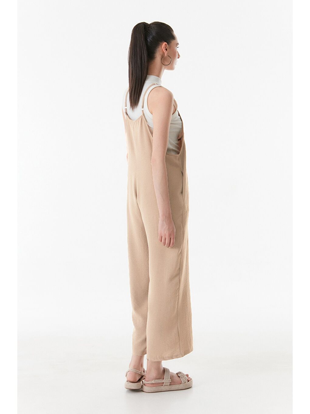 Bej İ̇p Askılı Ayrobin Kumaş Salaş Tulum-5