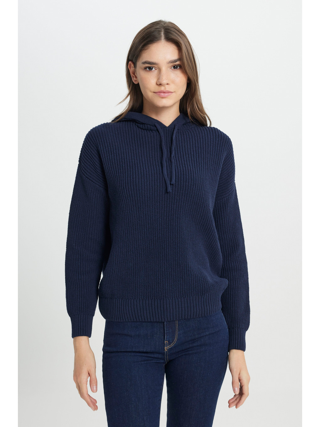 Relaxed Fit Geniş Kesim Kapüşonlu Lacivert Triko Kazak-1