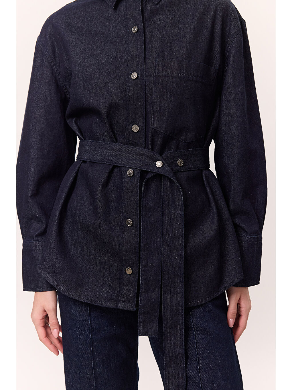 Kemer Detaylı Denım Gömlek Derin Mavi-3