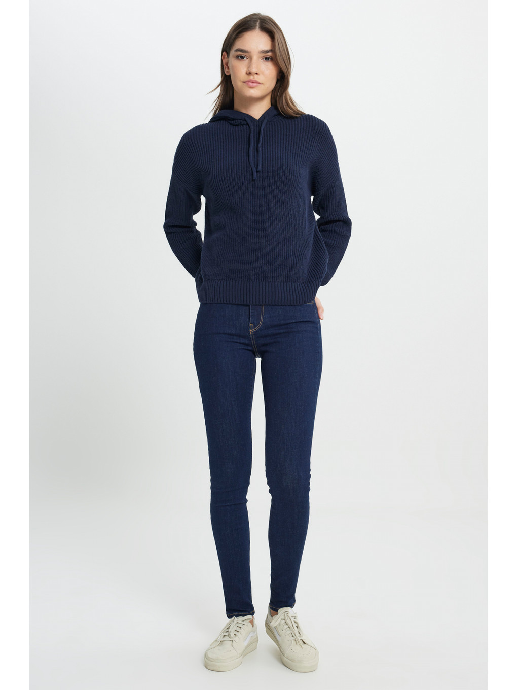 Relaxed Fit Geniş Kesim Kapüşonlu Lacivert Triko Kazak-2