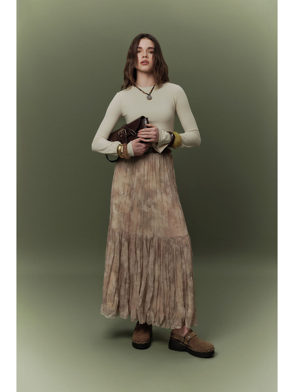 Bej Desenli Crush Piliseli Etek Nova-1