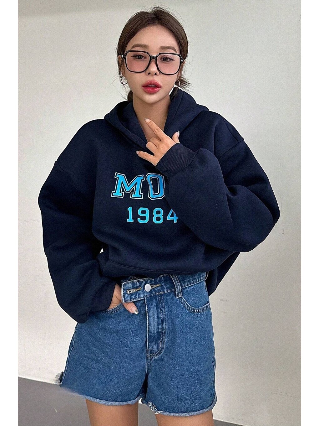 Kadın Lacivert Mod 1984 Baskılı Oversize Kapüşonlu Sweatshirt Hoodie-2